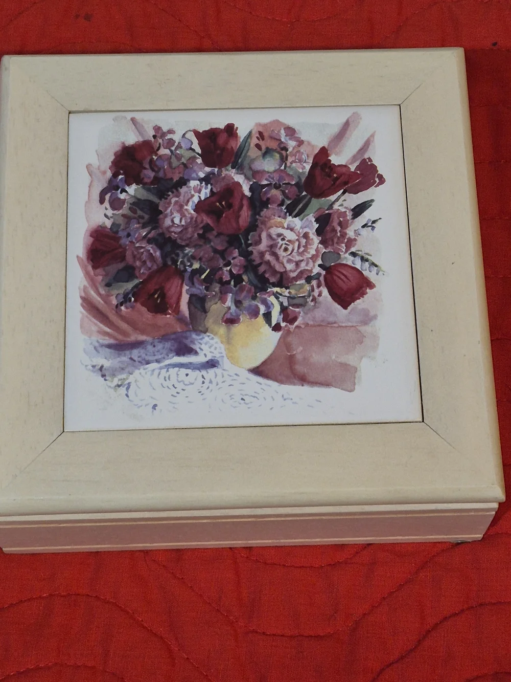 Cottagecore 6x6 Wooden Trinket Jewelry Box Floral Ceramic Art Tile